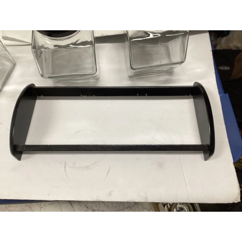vintage glass storage slanted jars w/black lids set of 3 w/rack 8-3/4”H